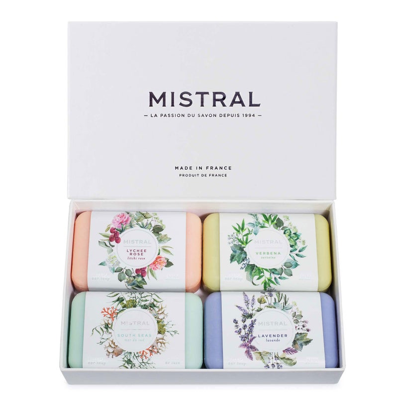 Mistral Classic French Bar Soap Assorted Set, 7 oz x 4 Bars | Triple-Milled Luxury Natural Soap with Organic Shea Butter & Olive Oil | Long-Lasting Moisturizing Body Soaps for Women & Men